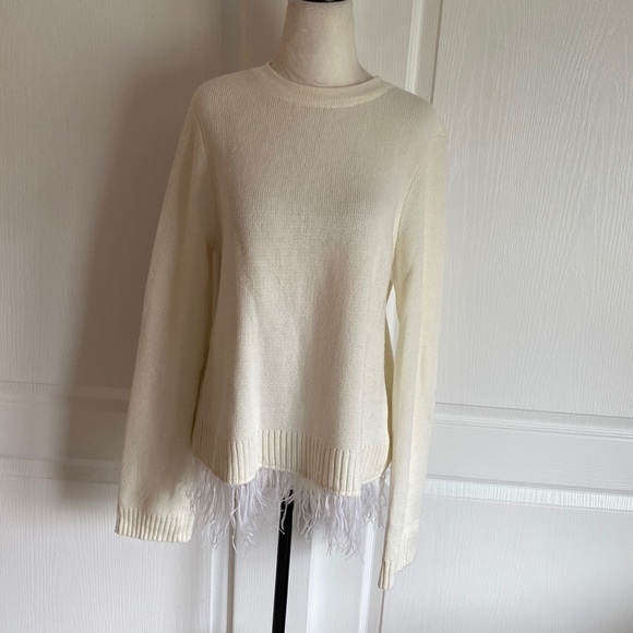 NWOT Anthropologie super cute cream crewneck sweater with feather trim - Picture 1 of 5